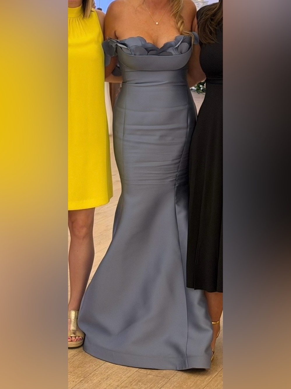 Nicole Bakti Strapless Gown in Slate Blue # 7273 off the shoulder petals $550